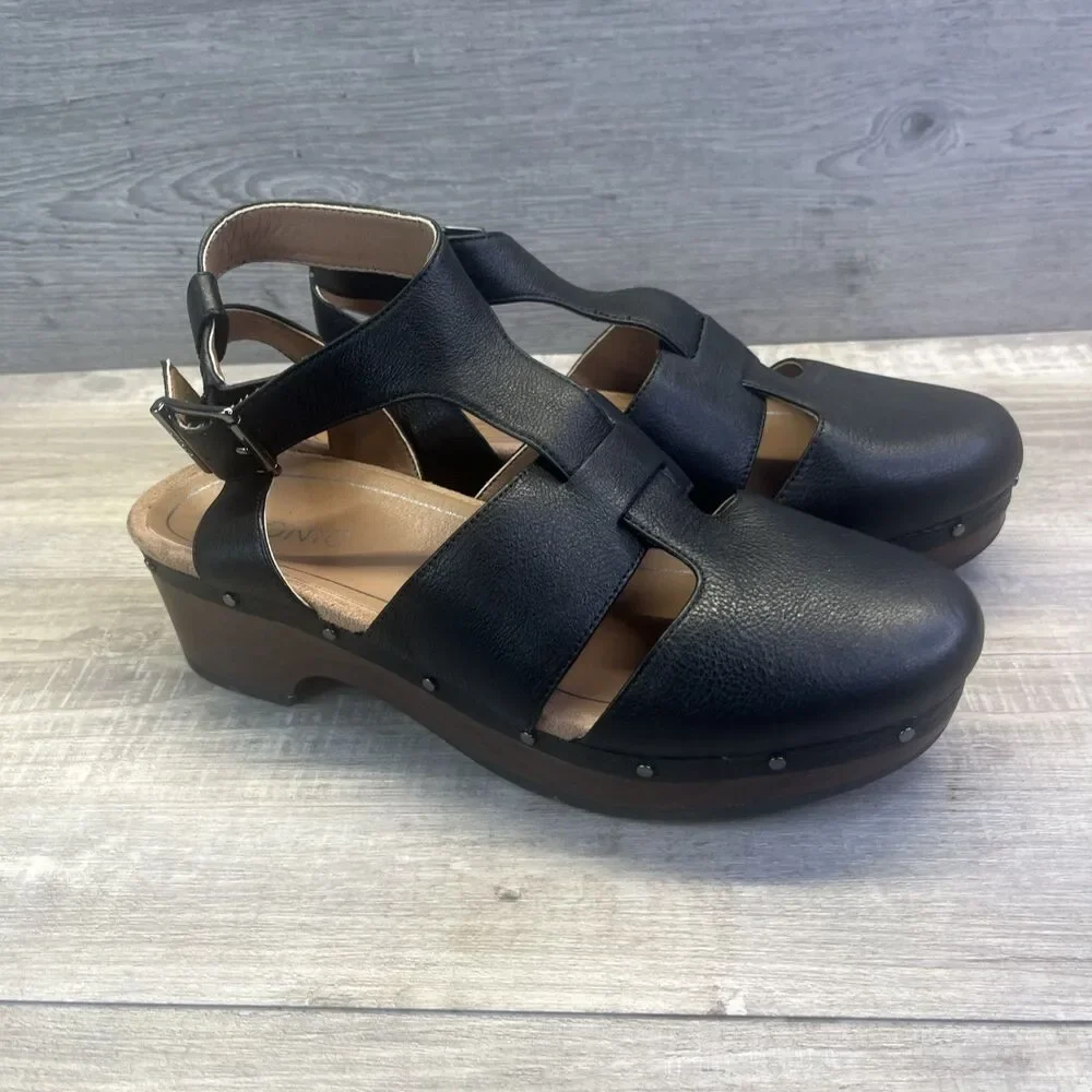 Vionic Black Leather Slingback Clogs with Buckle and Stud Trim - Picture 3 of 10